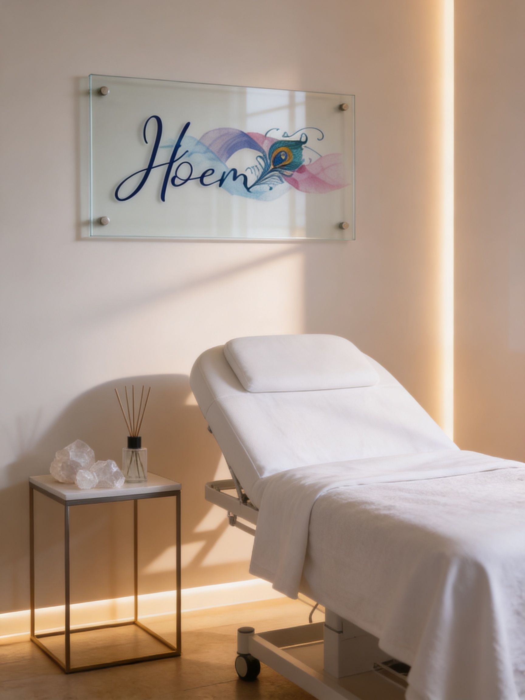 HOEM healing sanctuary treatment room with glass signage and white session bed